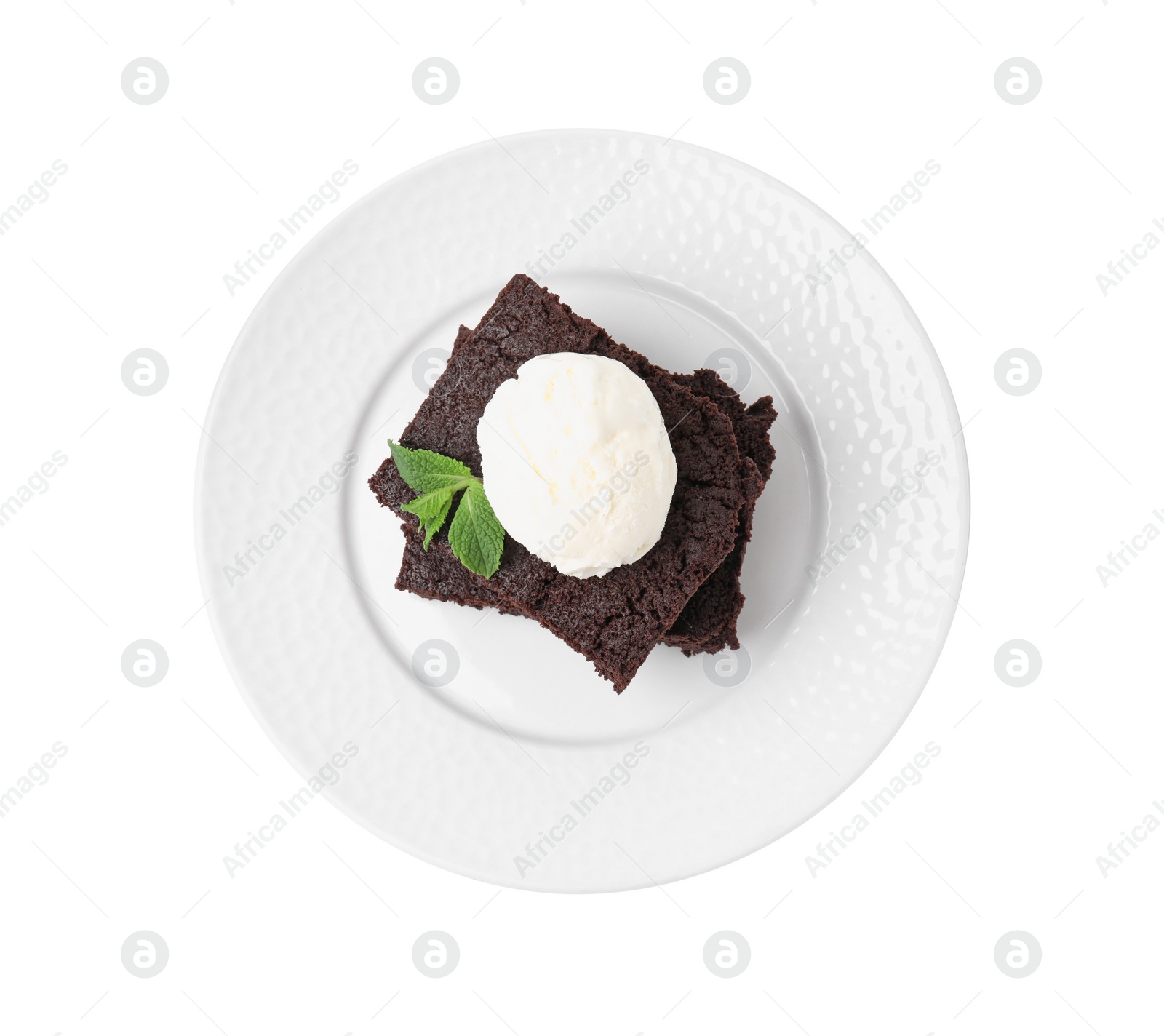 Photo of Tasty brownies with ice cream and mint isolated on white, top view
