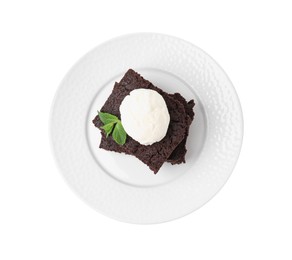 Tasty brownies with ice cream and mint isolated on white, top view