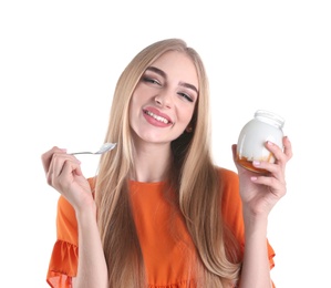 Young woman with yogurt on white background