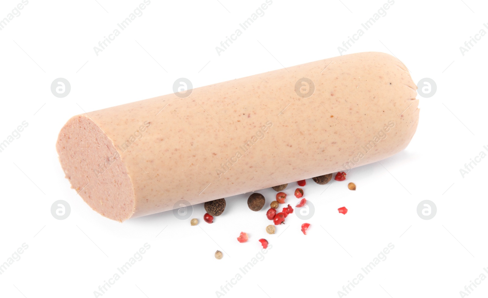 Photo of Delicious liverwurst with spices on white background, top view