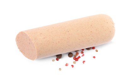 Photo of Delicious liverwurst with spices on white background, top view