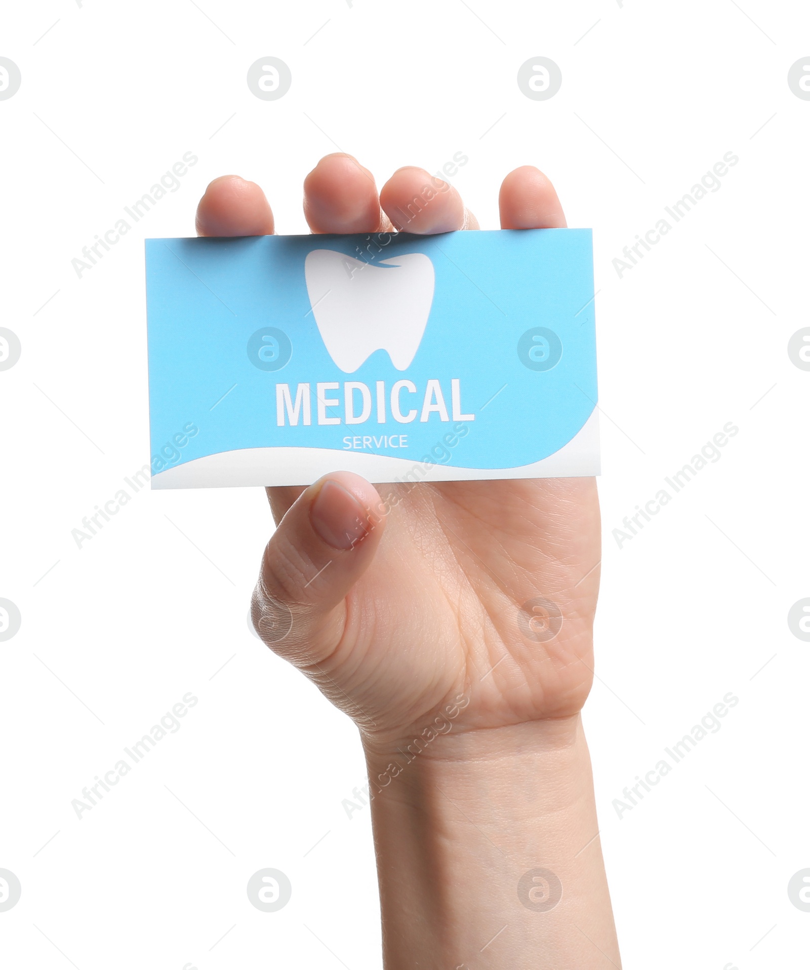 Photo of Woman holding business card isolated on white, closeup. Dental medical service