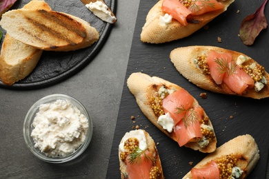 Photo of Flat lay composition with tasty bruschettas on grey table