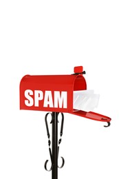 Image of Red letter box with word Spam and envelopes on white background