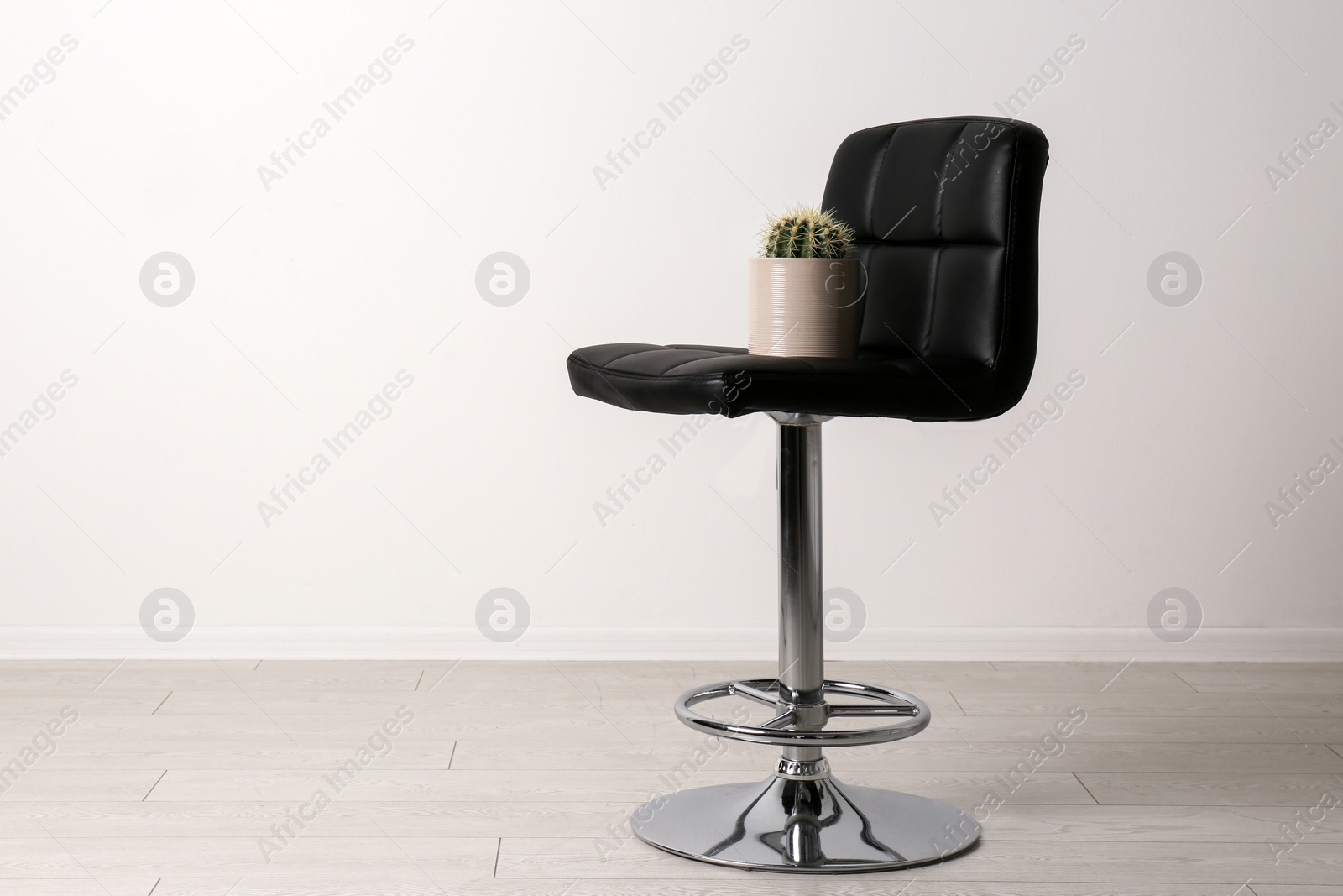 Photo of Chair with cactus near white wall, space for text. Hemorrhoids concept