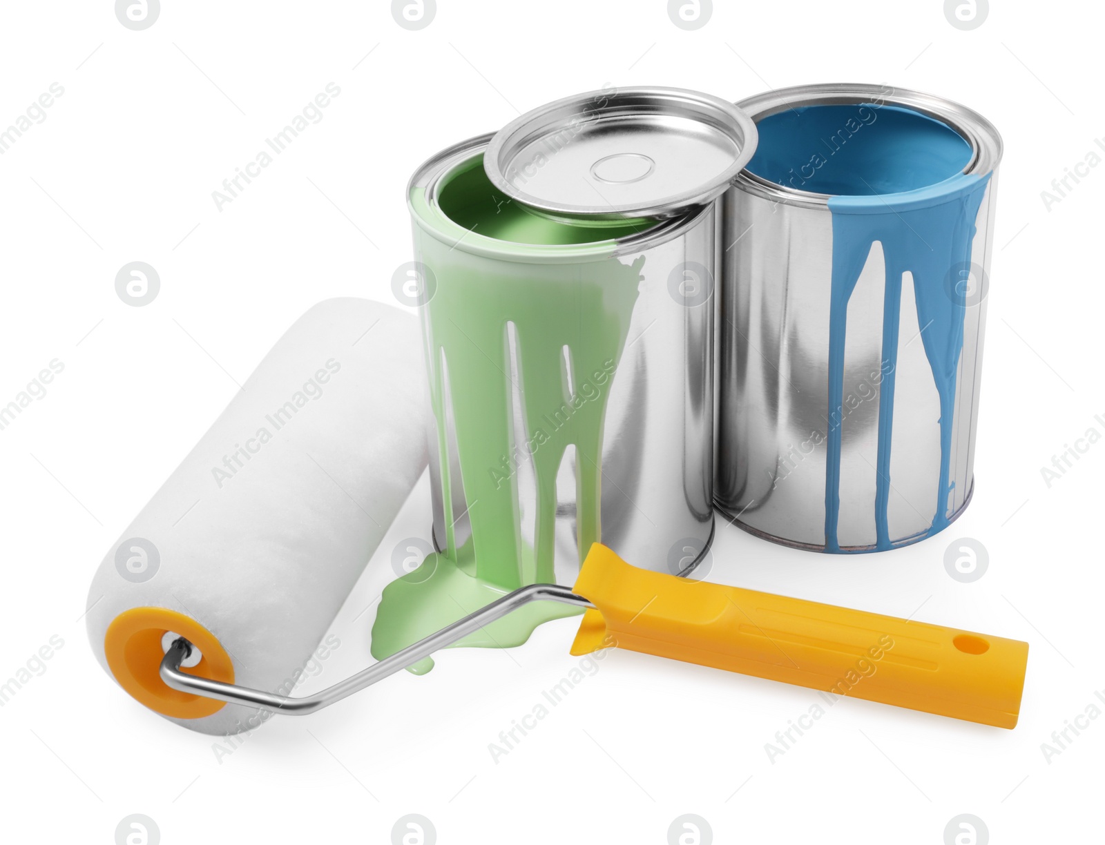 Photo of Cans of green and light blue paints and roller isolated on white