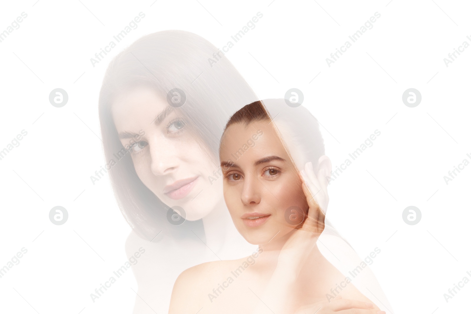 Image of Double exposure of beautiful women on white background