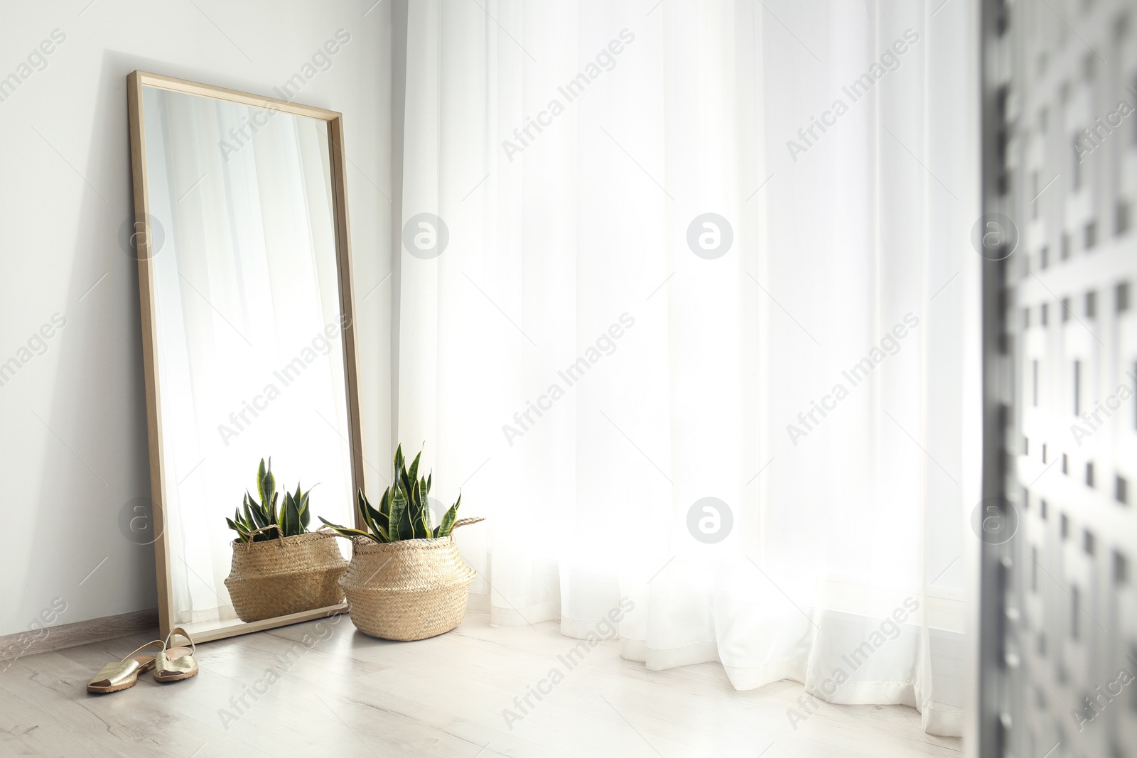 Photo of Large mirror and potted plant near window in light room