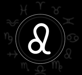 Leo astrological sign and zodiac wheel on black background. Illustration 