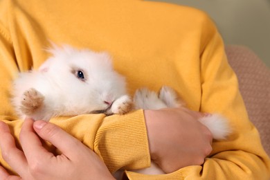 Woman with fluffy white rabbit, closeup. Cute pet