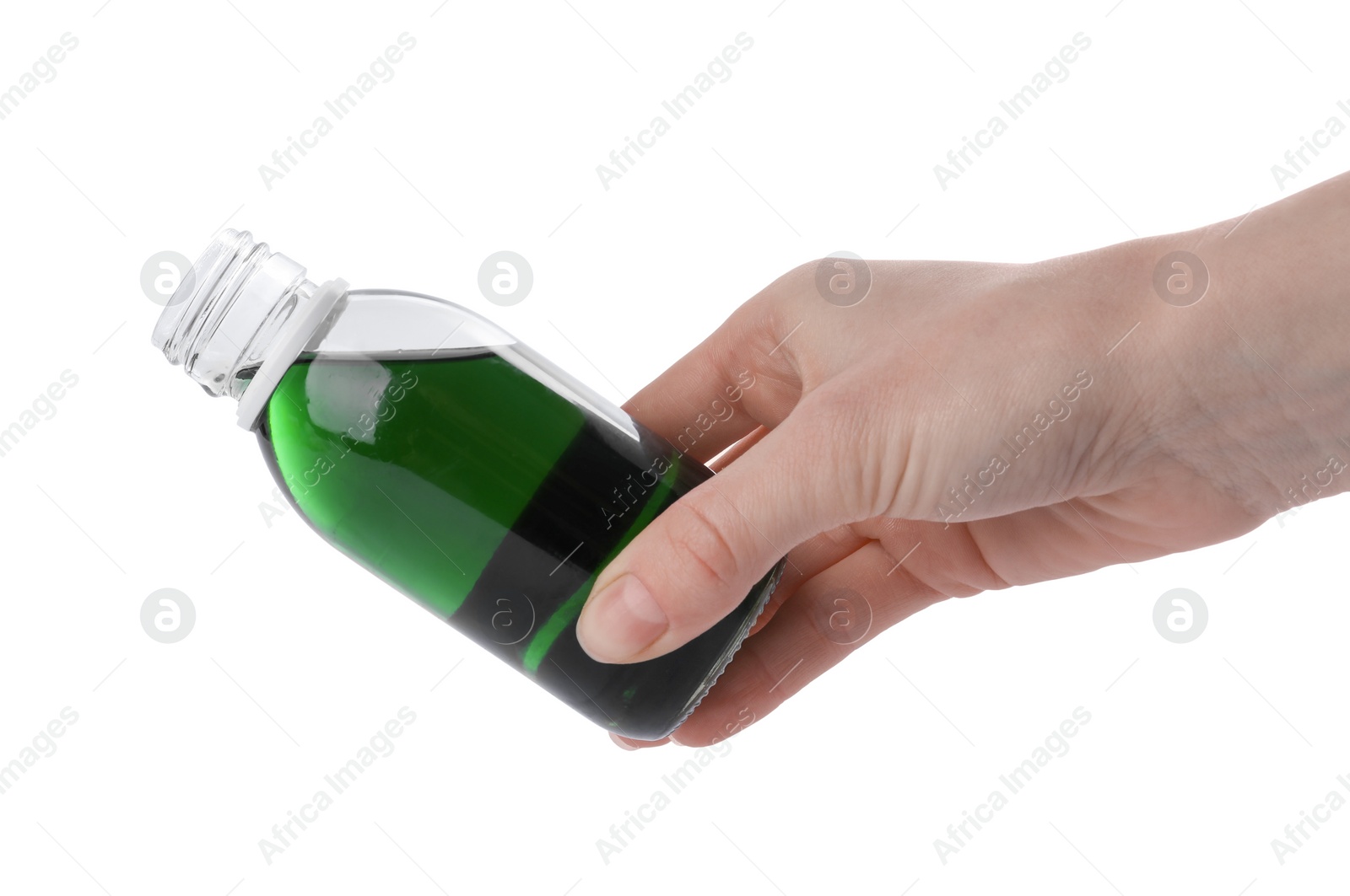 Photo of Woman pouring syrup from bottle isolated on white, closeup. Cough and cold medicine