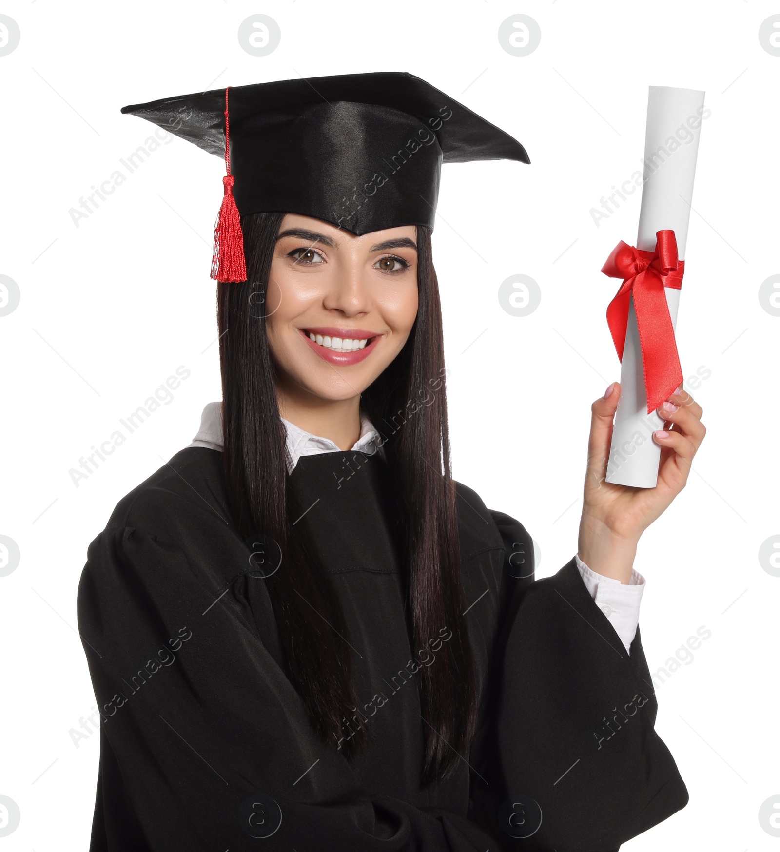 Photo of Happy student with graduation hat and diploma on white background