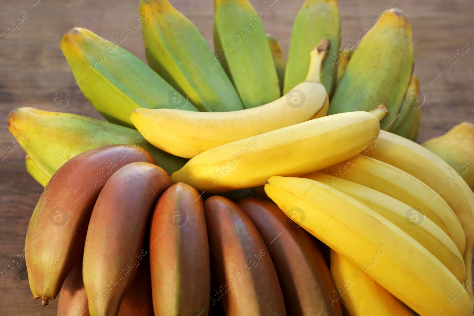 Photo of Different sorts of bananas on wooden table, closeup