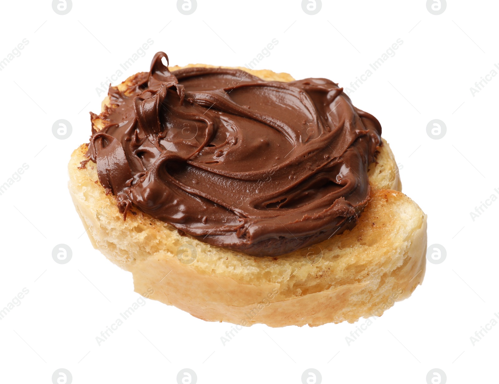 Photo of Piece of toasted bread with chocolate paste isolated on white