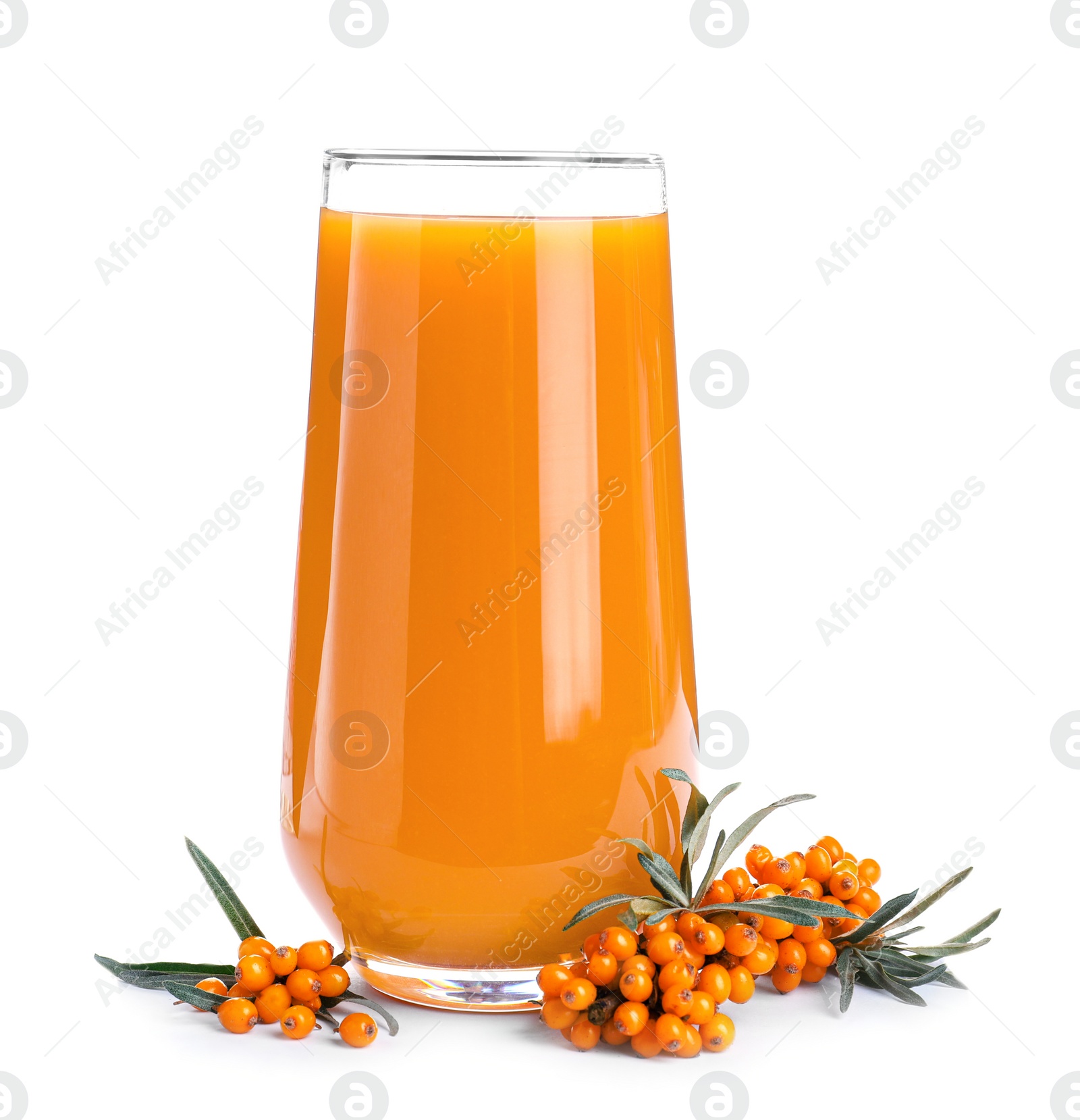 Photo of Delicious sea buckthorn juice and fresh berries isolated on white