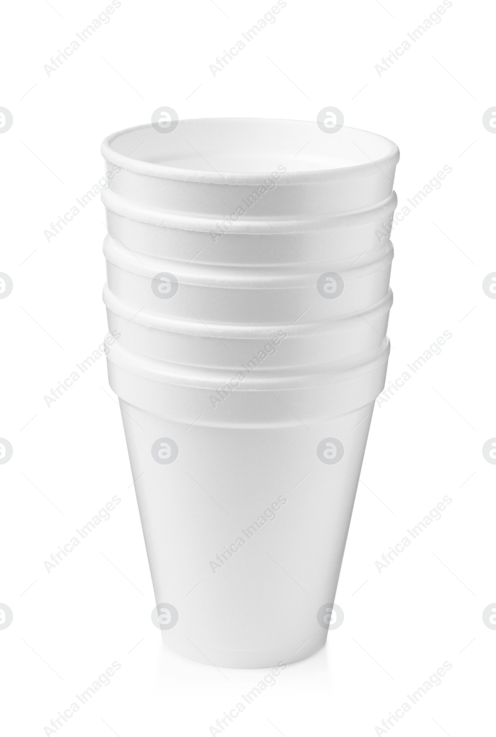 Photo of Stack of styrofoam cups on white background