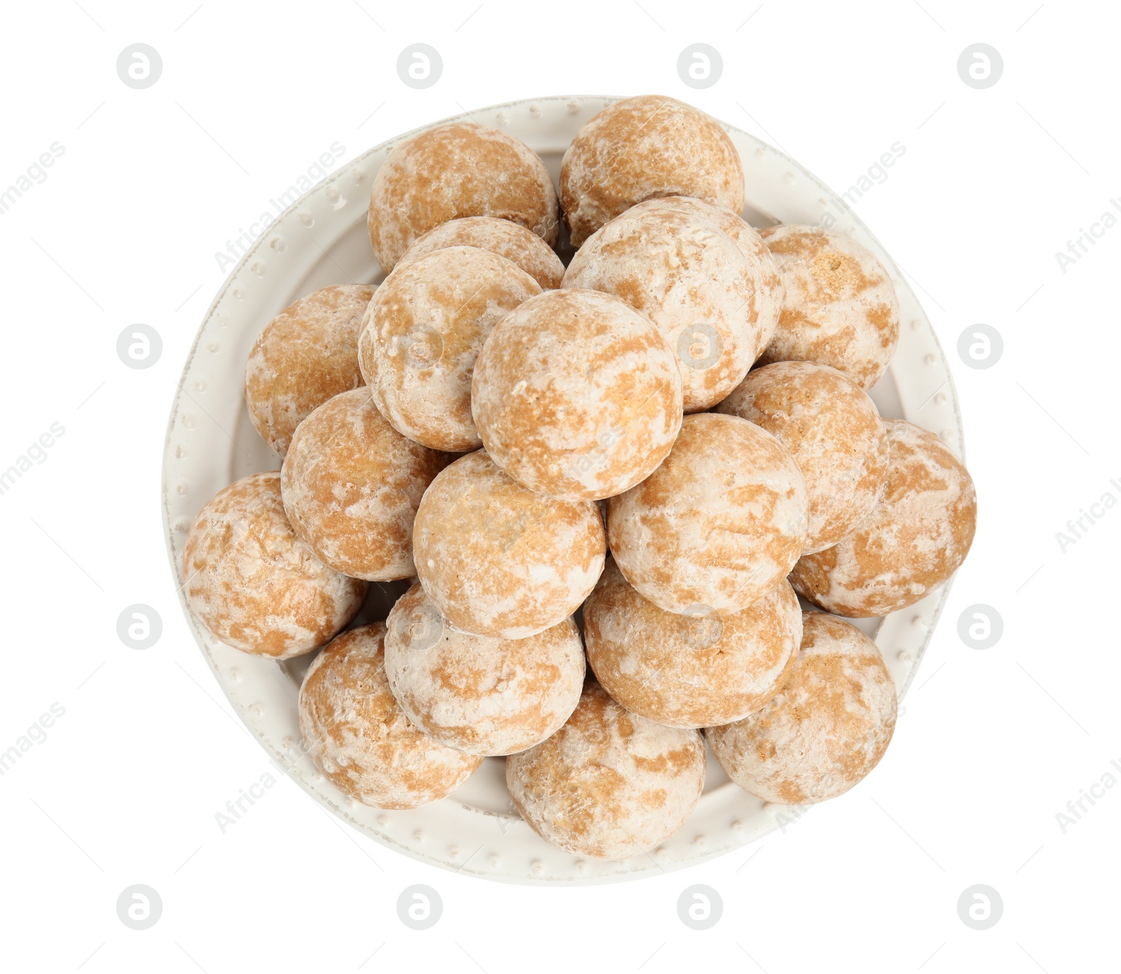 Photo of Tasty homemade gingerbread cookies on white background, top view