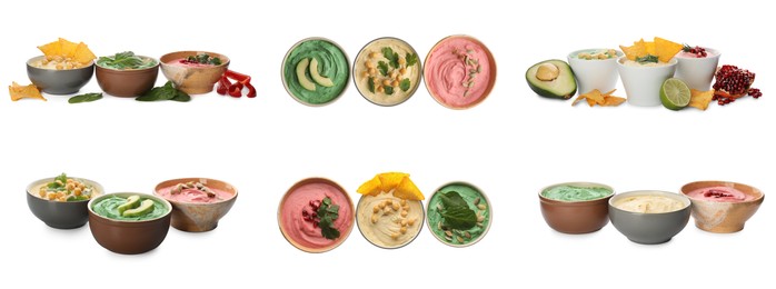 Image of Different kinds of tasty hummuses on white background. Banner design