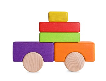 Photo of Car made of colorful wooden blocks on white background
