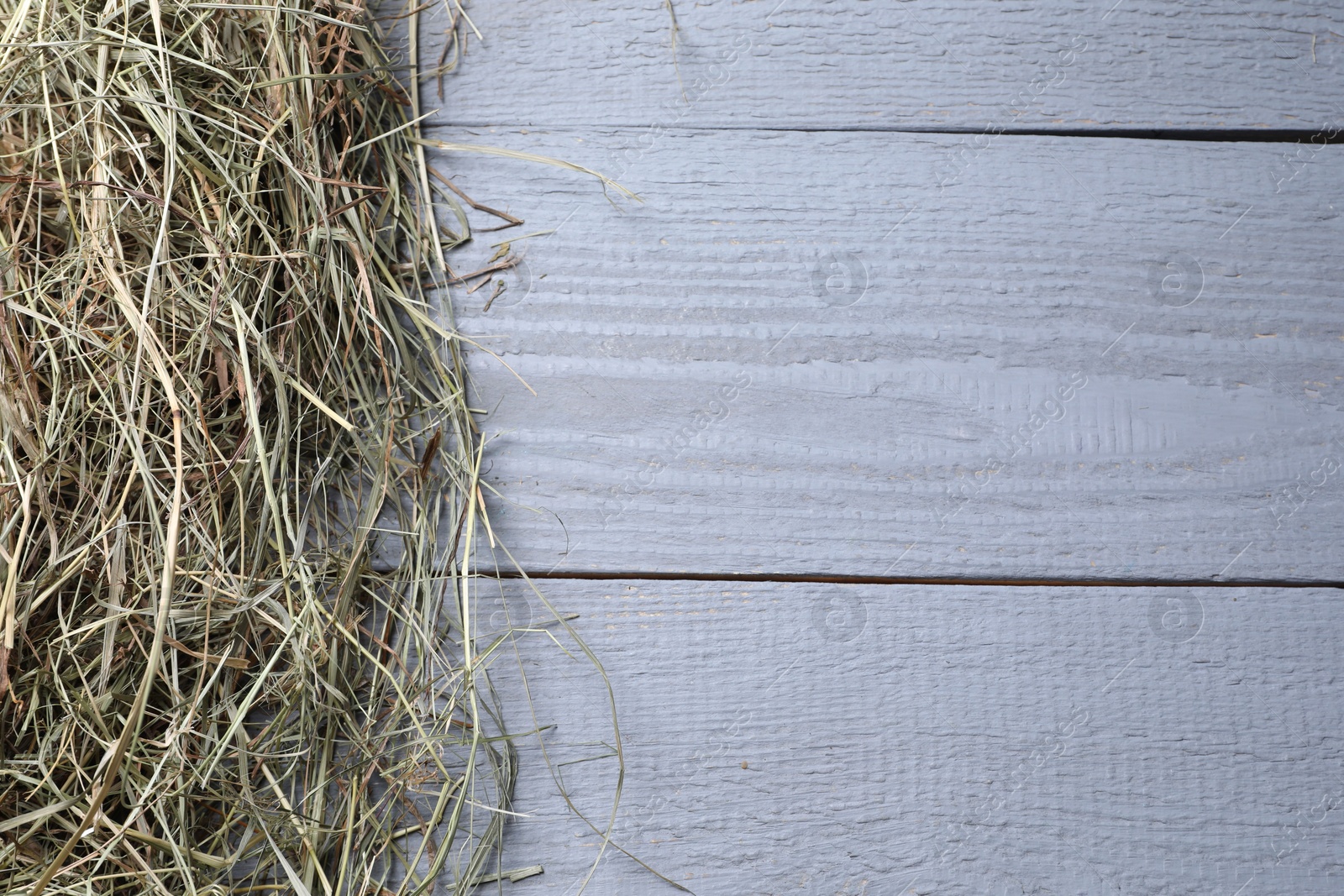 Photo of Heap of dried hay on grey wooden table, top view. Space for text