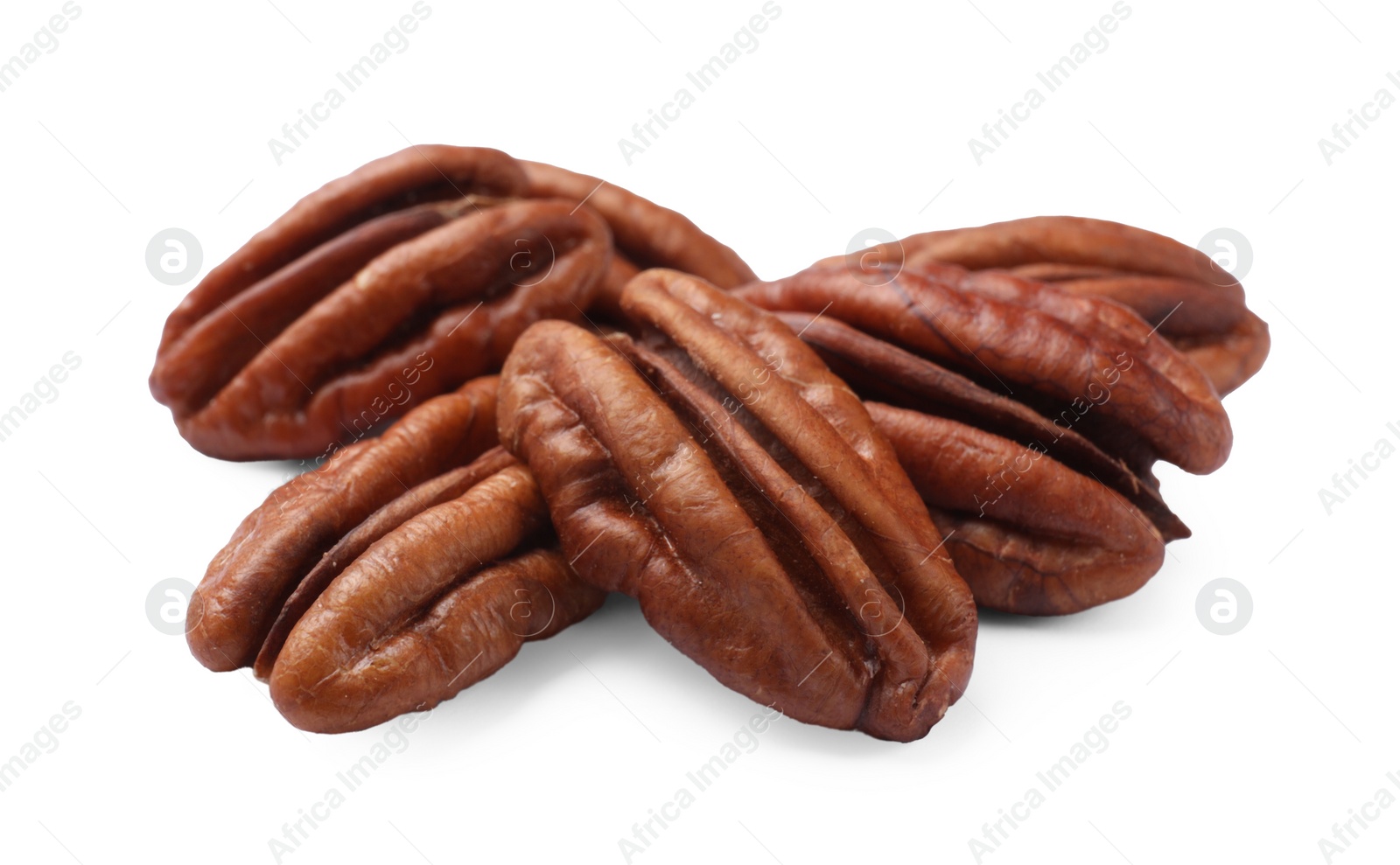 Photo of Many tasty pecan nuts isolated on white