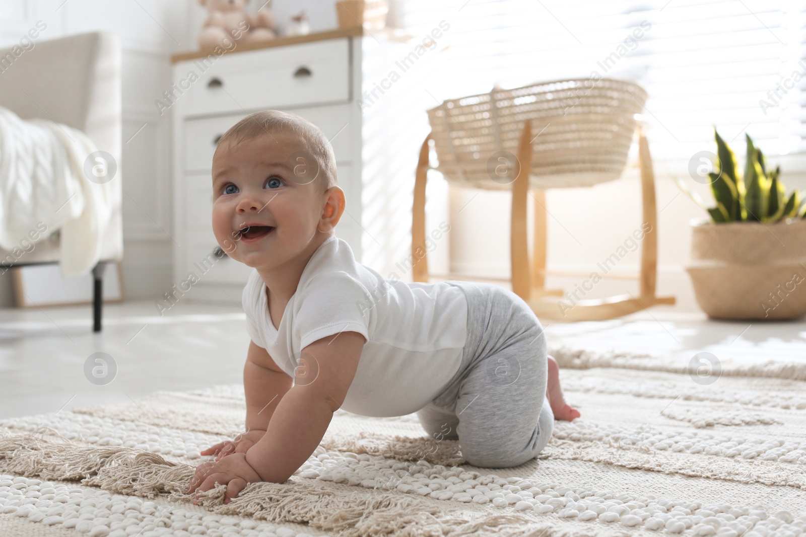 Photo of Cute baby crawling on floor at home