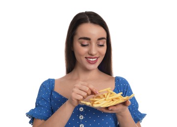 Photo of Beautiful young woman with French fries on white background