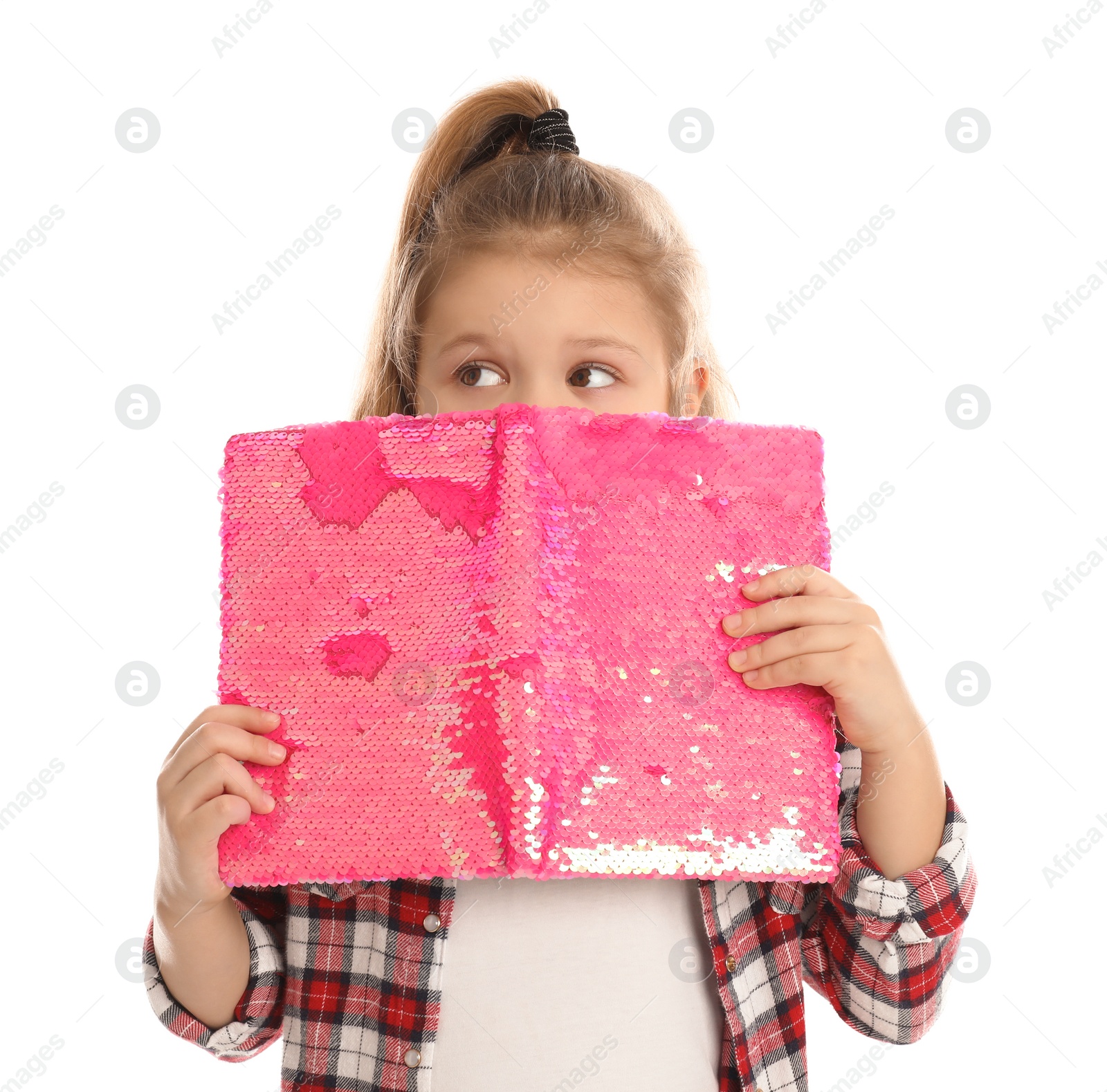 Photo of Little girl with book on white background