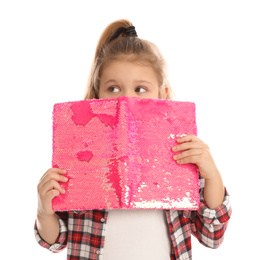 Photo of Little girl with book on white background