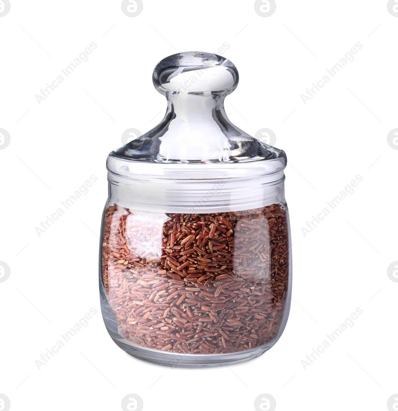 Photo of Brown rice in jar isolated on white