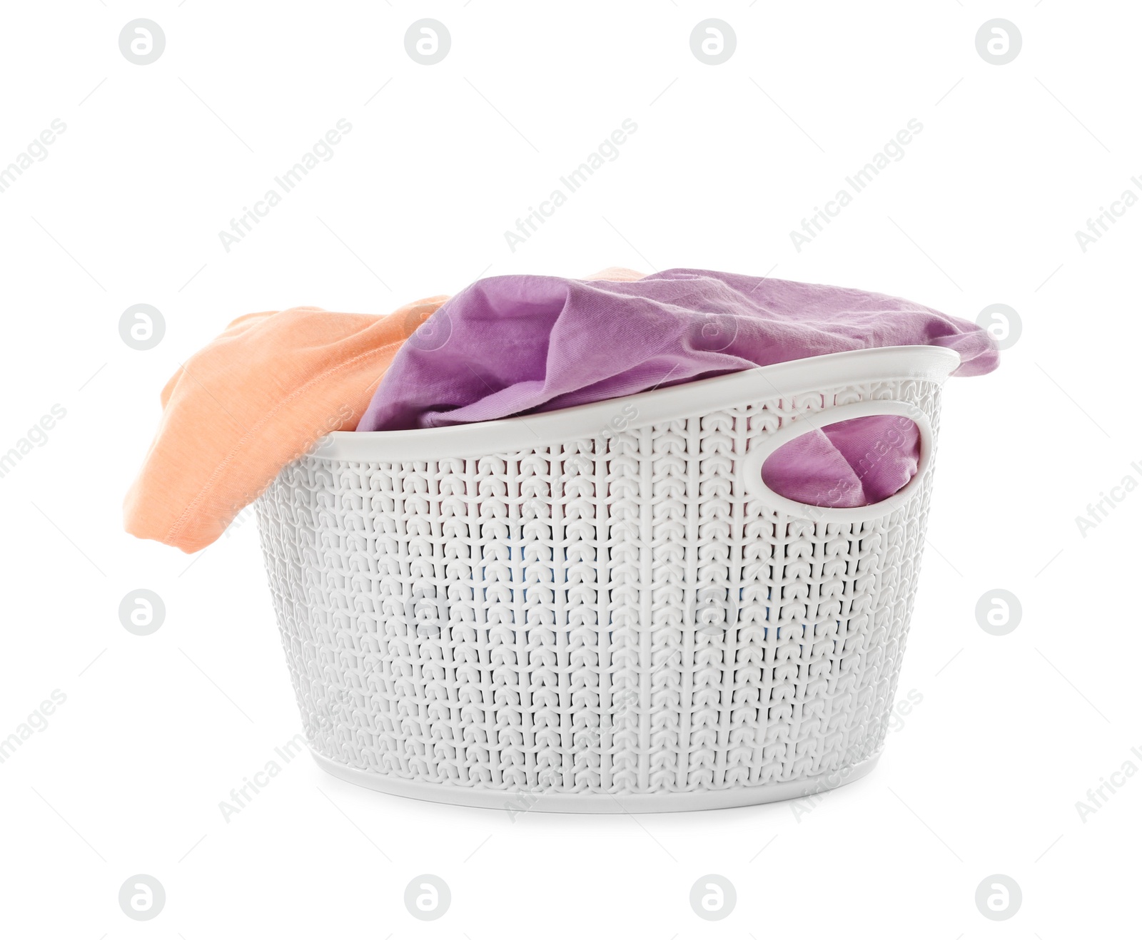 Photo of Laundry basket with dirty clothes isolated on white