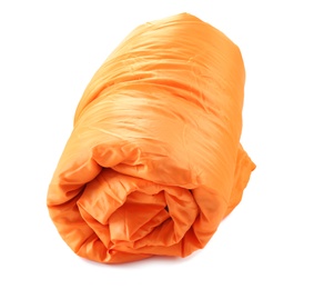 Photo of Rolled sleeping bag on white background. Camping equipment