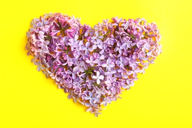 Heart made of blossoming lilac on color background, flat lay. Spring flowers