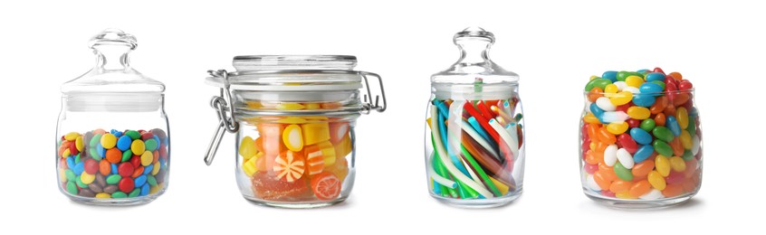 Image of Set of different sweet candies in glass jars isolated on white
