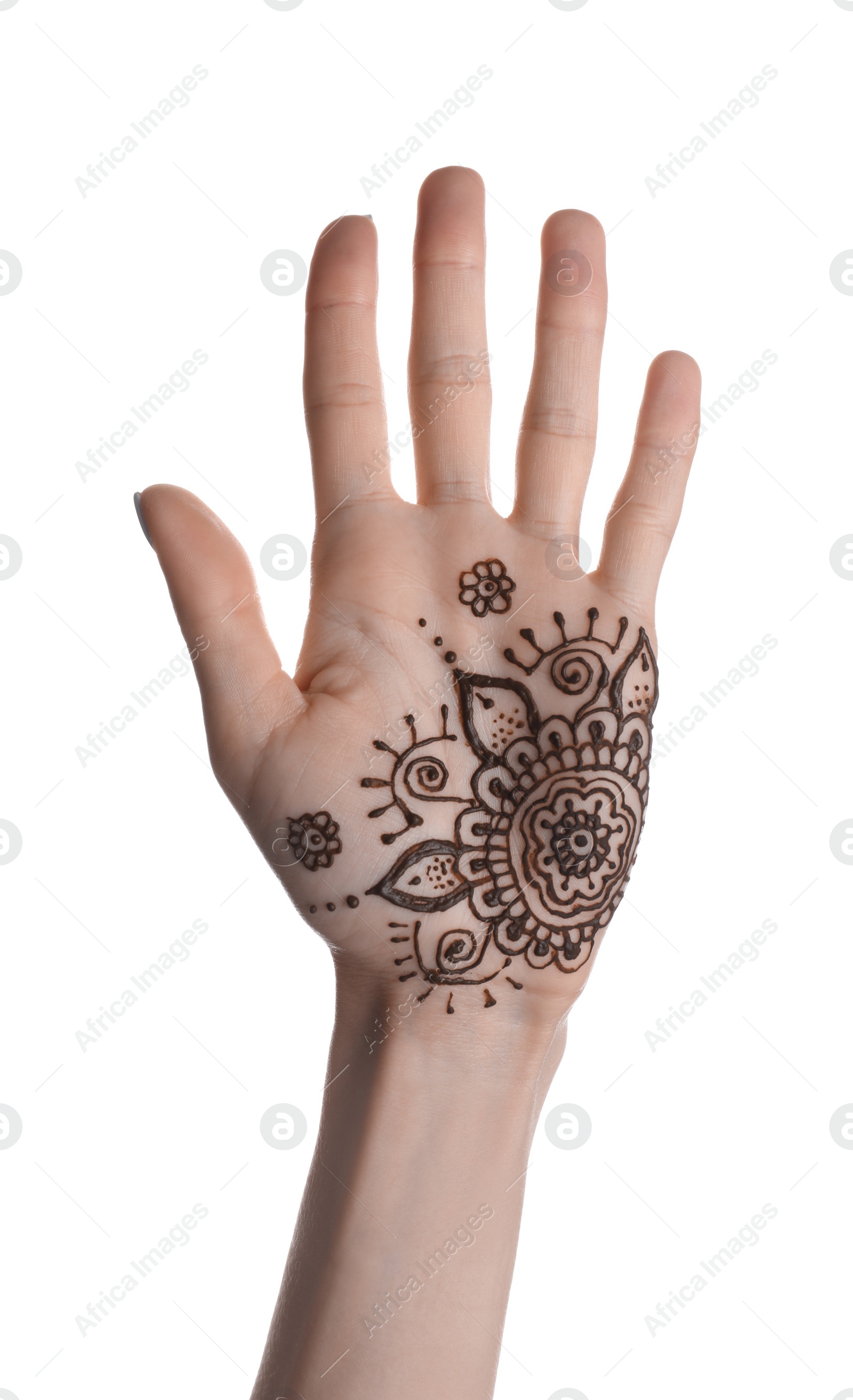 Photo of Woman with henna tattoo on palm against white background, closeup. Traditional mehndi ornament