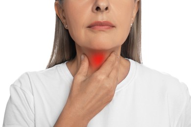 Image of Endocrine system. Woman doing thyroid self examination on white background, closeup