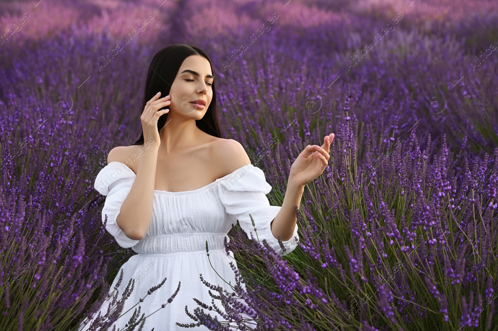 Photo of Portrait of beautiful young woman in lavender field