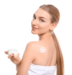 Photo of Young woman with jar of body cream on white background