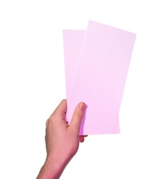 Man holding flyers on white background, closeup and space for text. Color tone effect