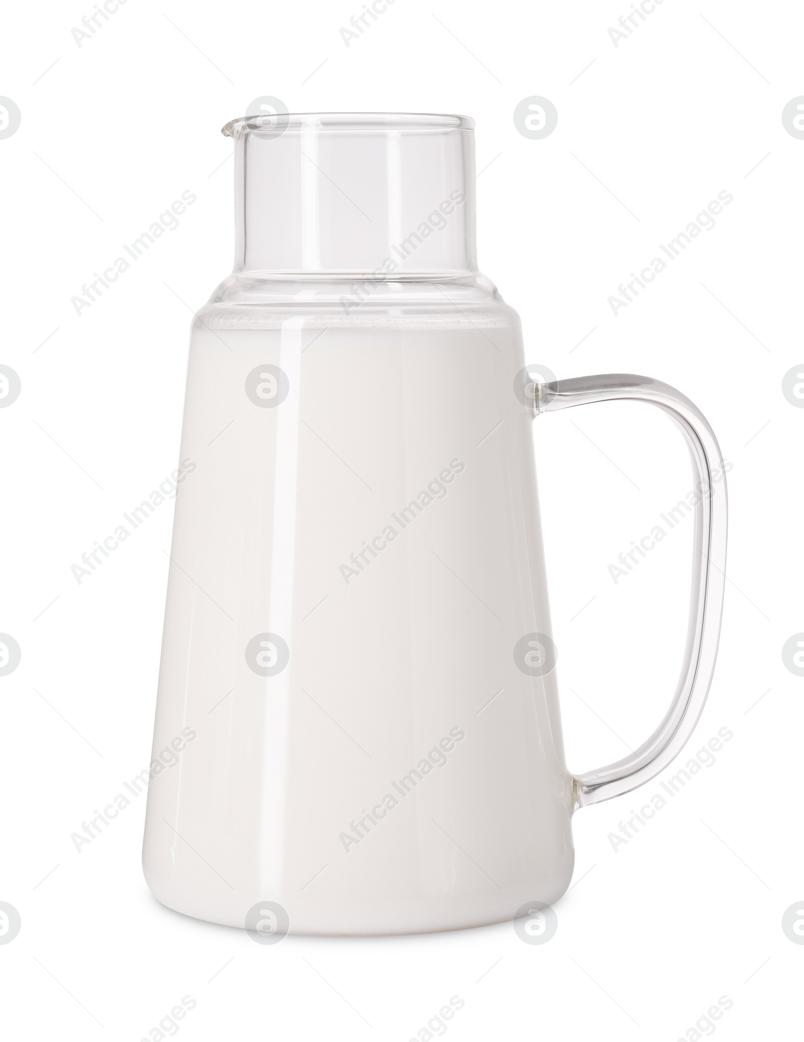 Photo of Glass carafe of fresh milk isolated on white