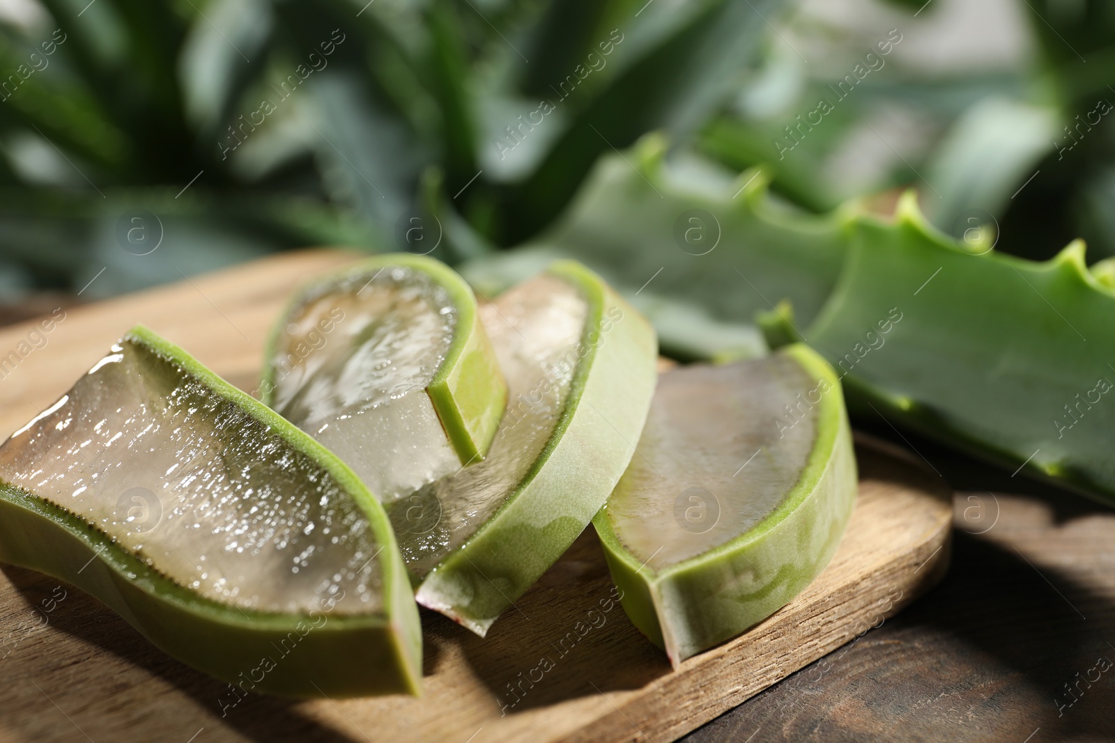 Photo of Slices of fresh aloe vera leaves with gel on wooden table, closeup