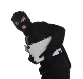 Photo of Thief in balaclava with briefcase of money on white background