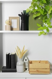 Photo of White shelves with books, plants and different decor indoors. Interior design