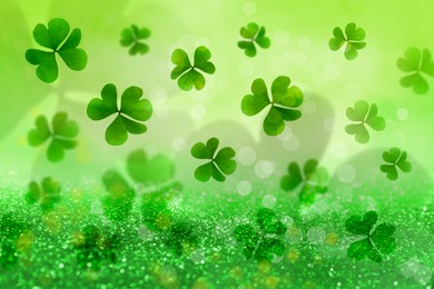 Image of St. Patrick's Day celebration. Clover leaves on green background