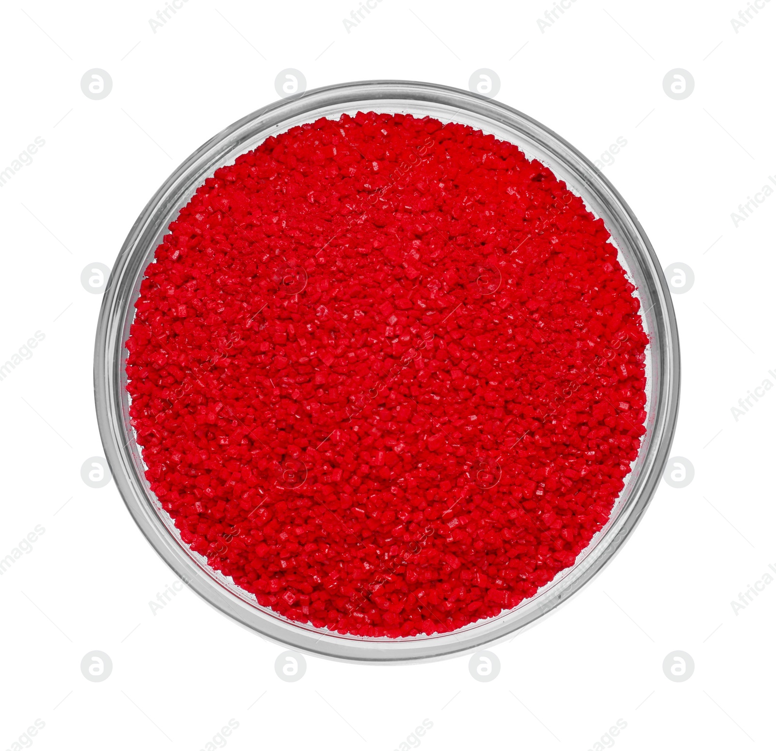 Photo of Glass bowl with red food coloring isolated on white, top view