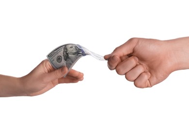 Money exchange. Man giving dollar banknote to woman on white background, closeup