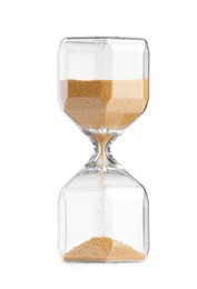 Photo of Hourglass with flowing sand isolated on white