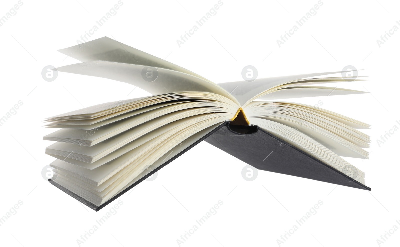 Photo of Open black hardcover book isolated on white