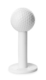 Photo of Golf ball and tee on white background. Sport equipment