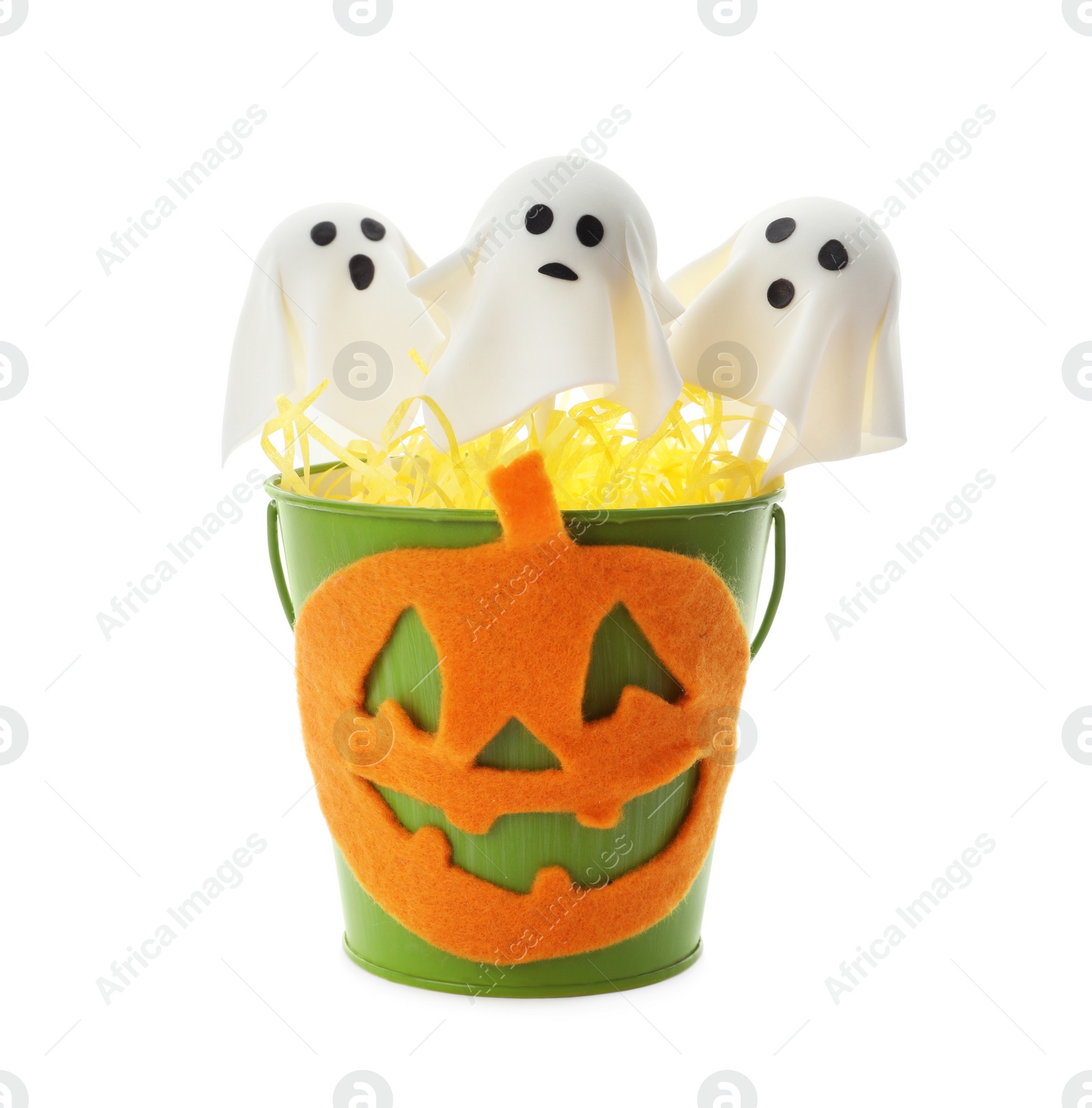 Photo of Delicious ghost cake pops on white background. Halloween season